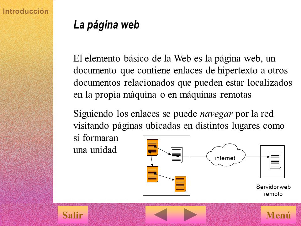 Introducción La Web MenúSalir Fue creada en 1989 por Tim Berners-Lee en el CERN (Ginebra).