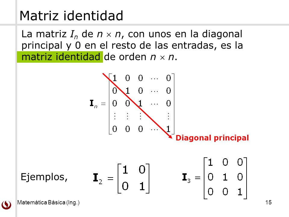Matemática Básica (Ing.) 15 Matriz identidad La matriz I n de n  n, con unos en la diagonal principal y 0 en el resto de las entradas, es la matriz identidad de orden n  n.