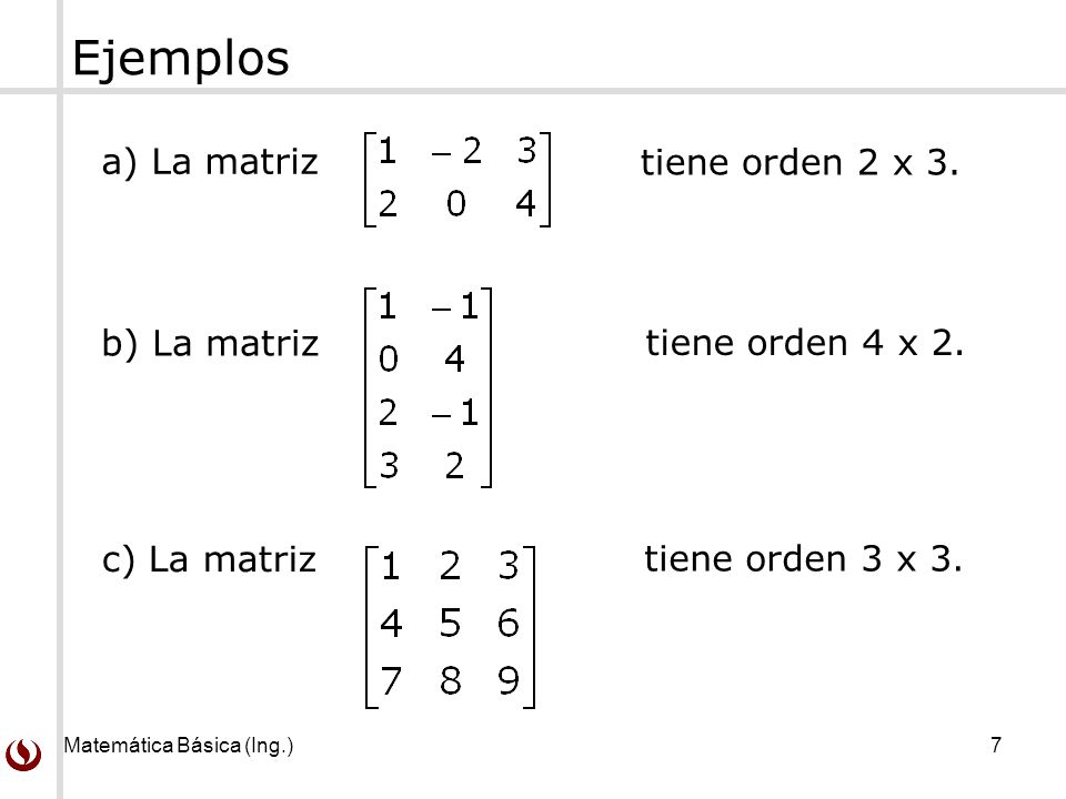 Matemática Básica (Ing.) 7 Ejemplos a) La matriz tiene orden 2 x 3.