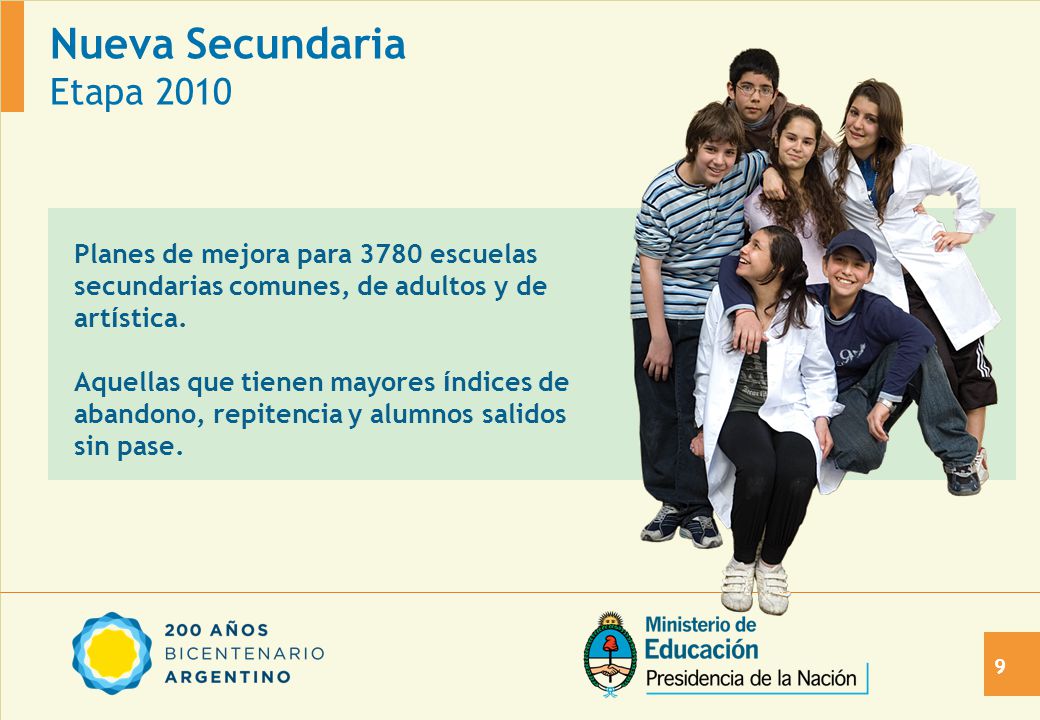 Nueva Secundaria Etapa 2010 Planes de mejora para 3780 escuelas secundarias comunes, de adultos y de art í stica.