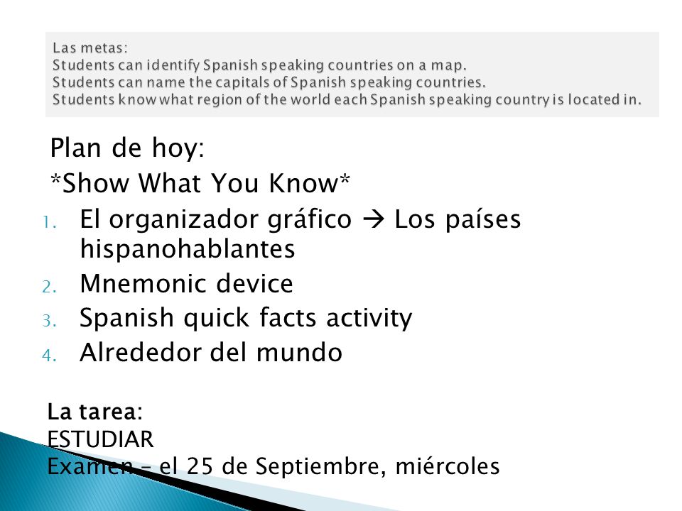 Plan de hoy: *Show What You Know* 1. El organizador gráfico  Los países hispanohablantes 2.