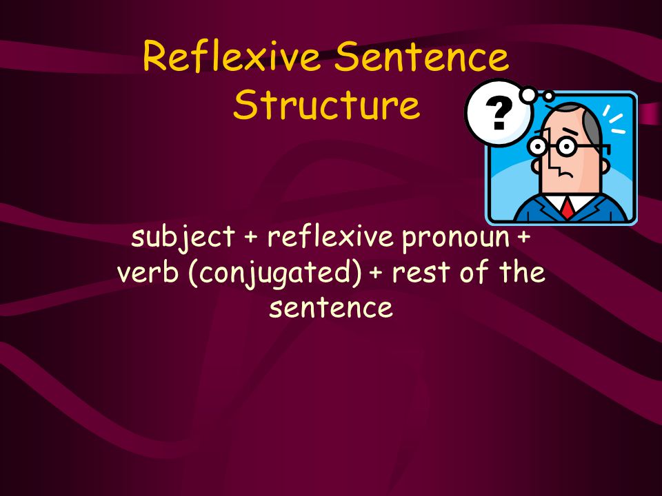 Reflexive Sentence Structure subject + reflexive pronoun + verb (conjugated) + rest of the sentence