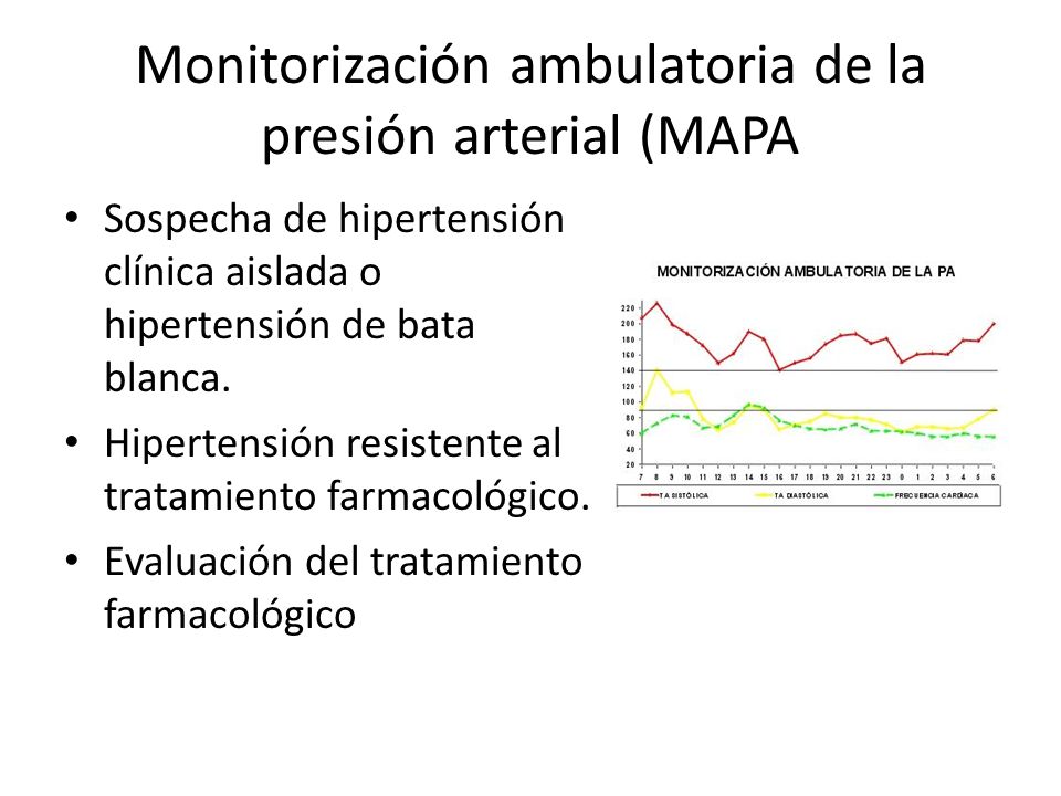 Monitorización ambulatoria de la presión arterial (MAPA Sospecha de hipertensión clínica aislada o hipertensión de bata blanca.