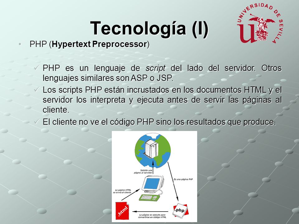 Tecnología (I) PHP (Hypertext Preprocessor)PHP (Hypertext Preprocessor) PHP es un lenguaje de script del lado del servidor.