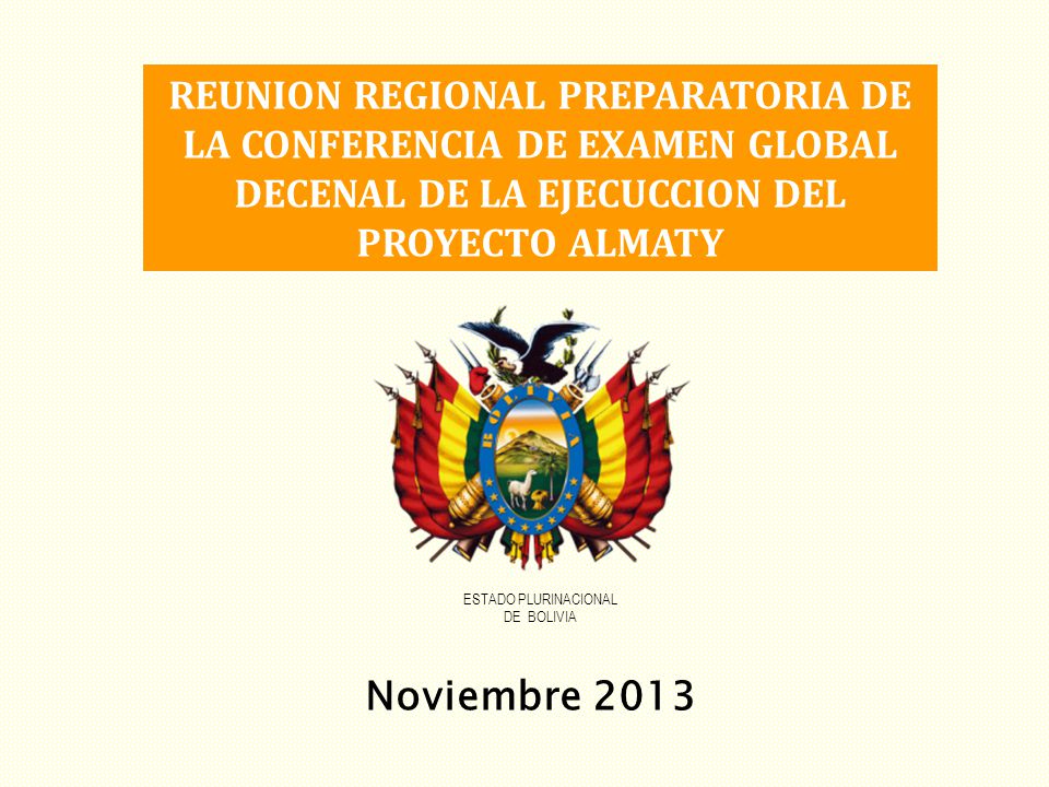 Noviembre 2013 ESTADO PLURINACIONAL DE BOLIVIA REUNION REGIONAL PREPARATORIA DE LA CONFERENCIA DE EXAMEN GLOBAL DECENAL DE LA EJECUCCION DEL PROYECTO ALMATY