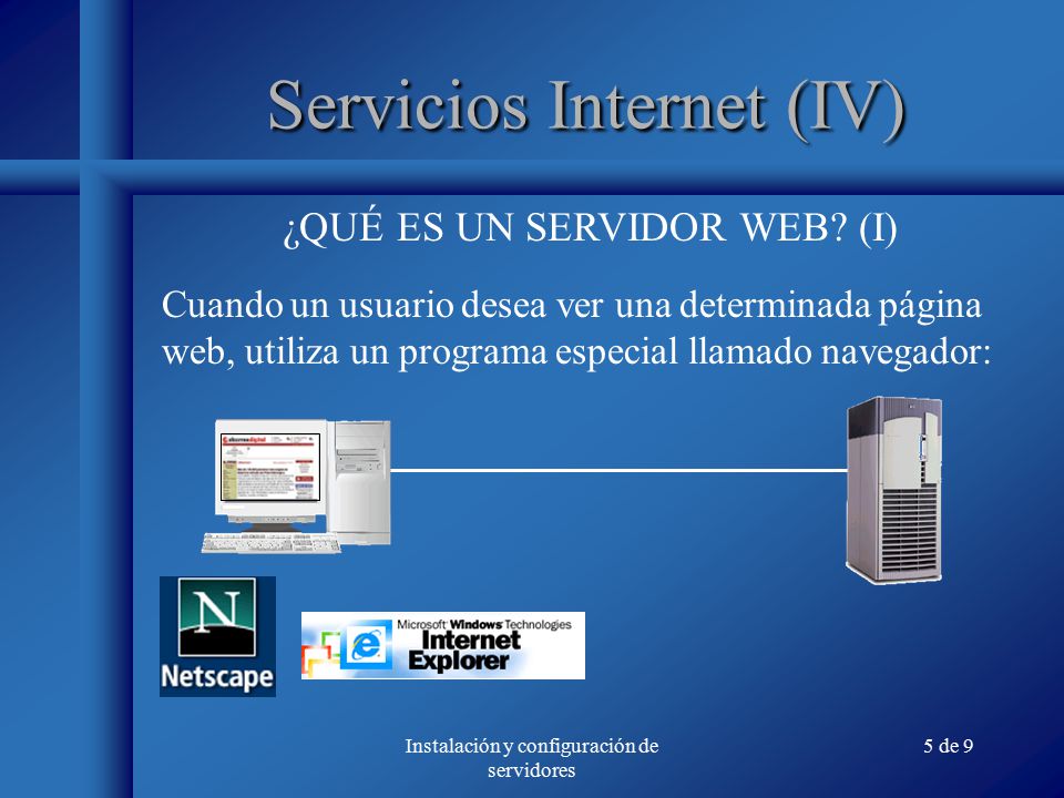 Instalación y configuración de servidores 5 de 9 Servicios Internet (IV) Cuando un usuario desea ver una determinada página web, utiliza un programa especial llamado navegador: ¿QUÉ ES UN SERVIDOR WEB.