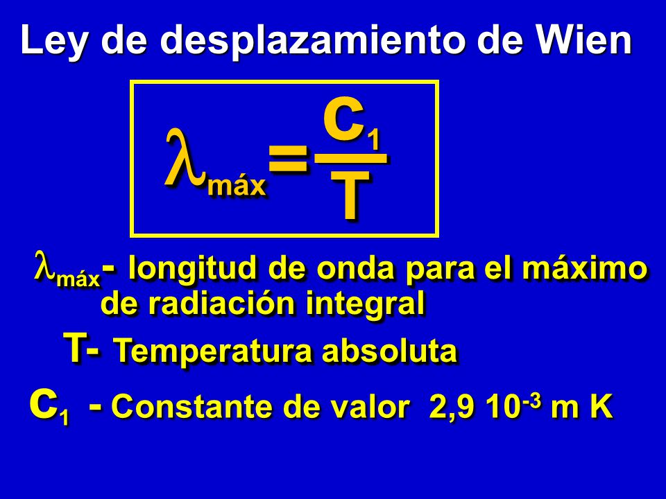 Ley de desplazamiento de Wien máx - longitud de onda para el máximo de radiación integral máx - longitud de onda para el máximo de radiación integral T- Temperatura absoluta c 1  - Constante de valor 2, m K c1c1c1c1 máx = máx = TT