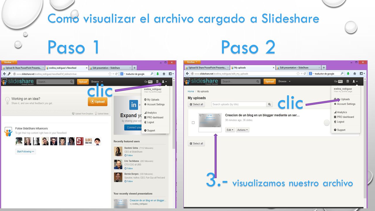 Como visualizar el archivo cargado a Slideshare Paso 1 Paso 2 clic clic 3.- visualizamos nuestro archivo