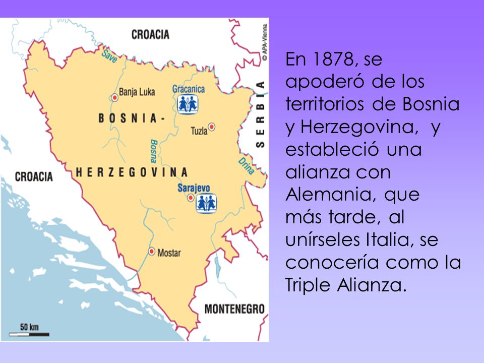 En 1878, se apoderó de los territorios de Bosnia y Herzegovina, y estableció una alianza con Alemania, que más tarde, al unírseles Italia, se conocería como la Triple Alianza.