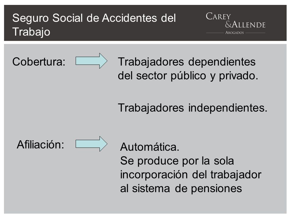 Seguro Social de Accidentes del Trabajo Cobertura:Trabajadores dependientes del sector público y privado.