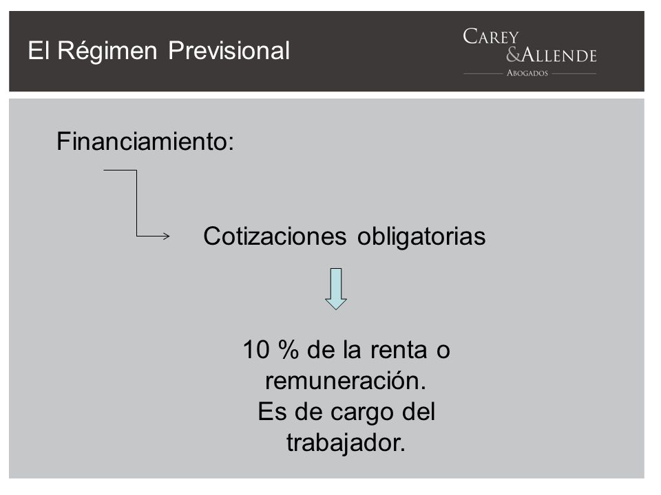 Financiamiento: El Régimen Previsional Cotizaciones obligatorias 10 % de la renta o remuneración.
