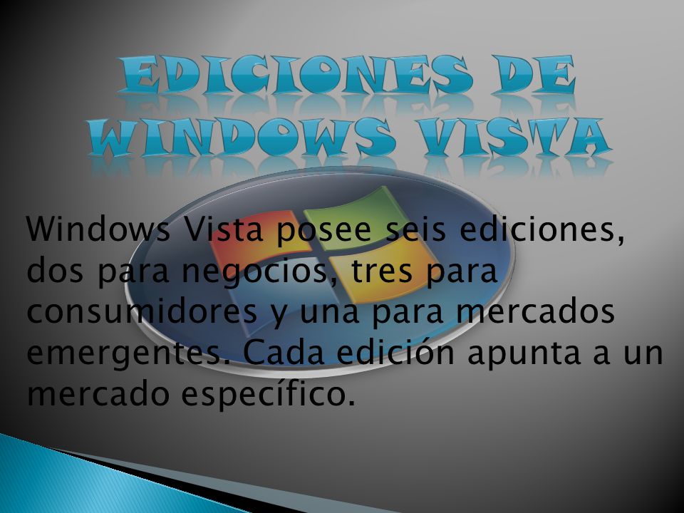 Windows Vista posee seis ediciones, dos para negocios, tres para consumidores y una para mercados emergentes.
