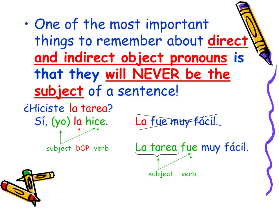 One of the most important things to remember about direct and indirect object pronouns is that they will NEVER be the subject of a sentence.