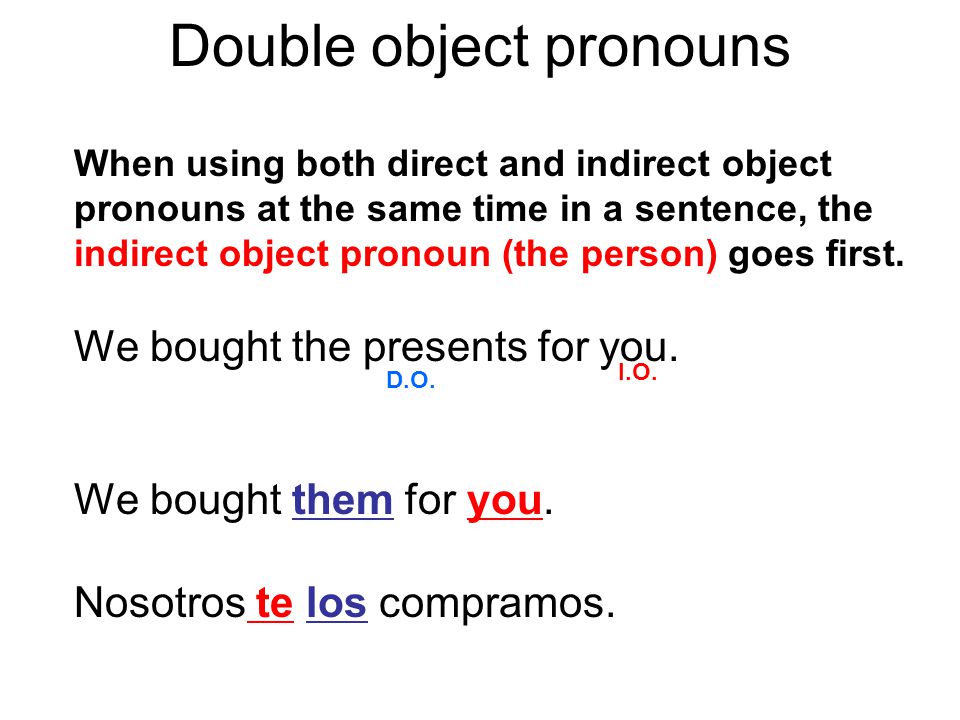 Double object pronouns When using both direct and indirect object pronouns at the same time in a sentence, the indirect object pronoun (the person) goes first.