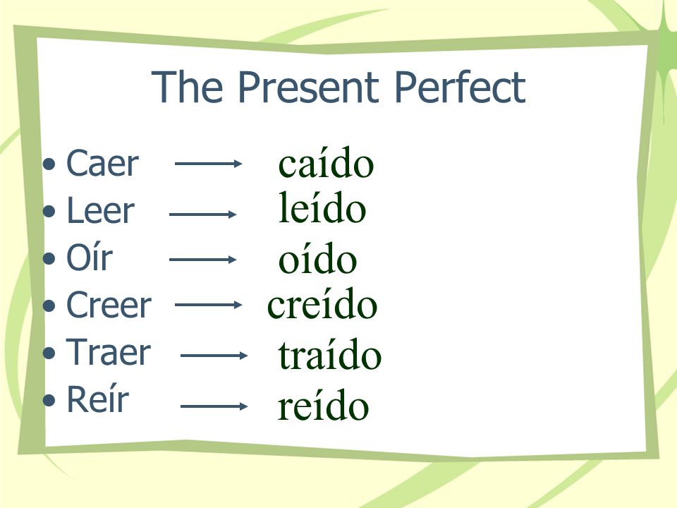 The Present Perfect Certain verbs that have a double vowel in the infinitive form (except those with the double vowel ui ) require an accent mark on the i in the past participle.
