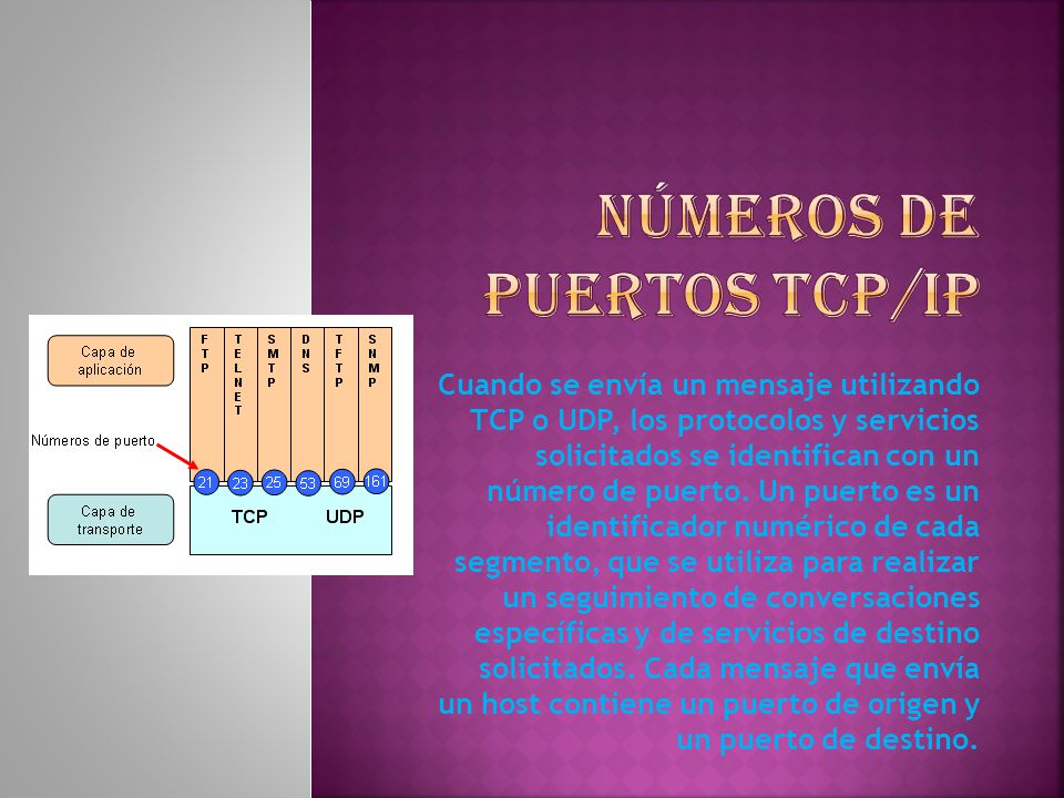 Cuando se envía un mensaje utilizando TCP o UDP, los protocolos y servicios solicitados se identifican con un número de puerto.