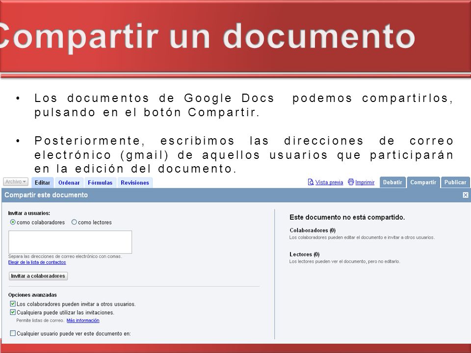 Los documentos de Google Docs podemos compartirlos, pulsando en el botón Compartir.