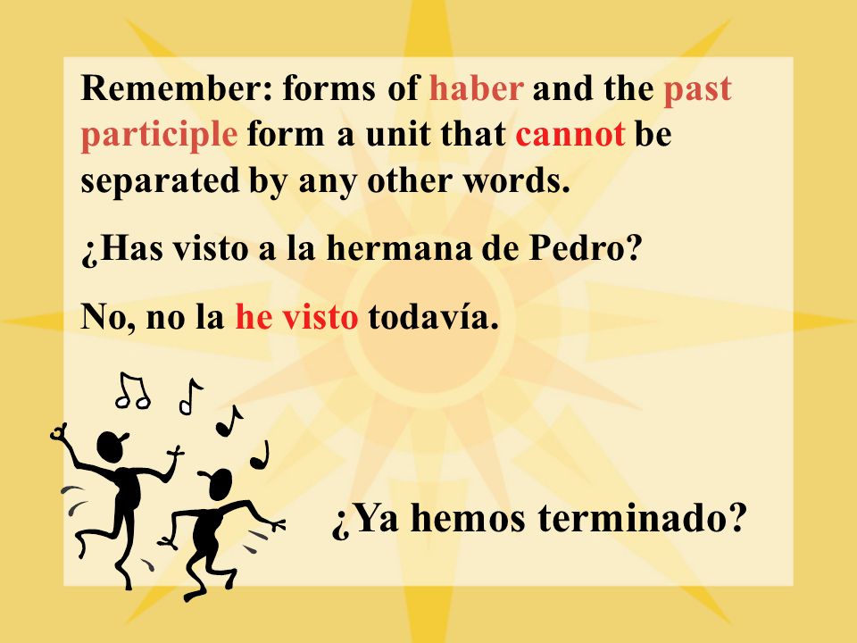 Remember: forms of haber and the past participle form a unit that cannot be separated by any other words.