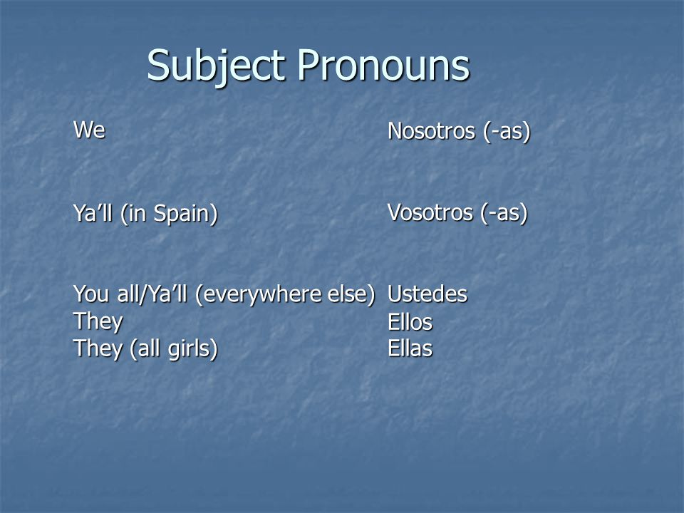 Subject Pronouns We Ya’ll (in Spain) You all/Ya’ll (everywhere else) They They (all girls) Ellas Ellos Ustedes Vosotros (-as) Nosotros (-as)