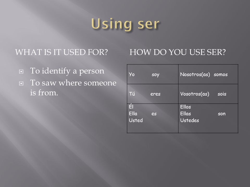 WHAT IS IT USED FOR HOW DO YOU USE SER.  To identify a person  To saw where someone is from.