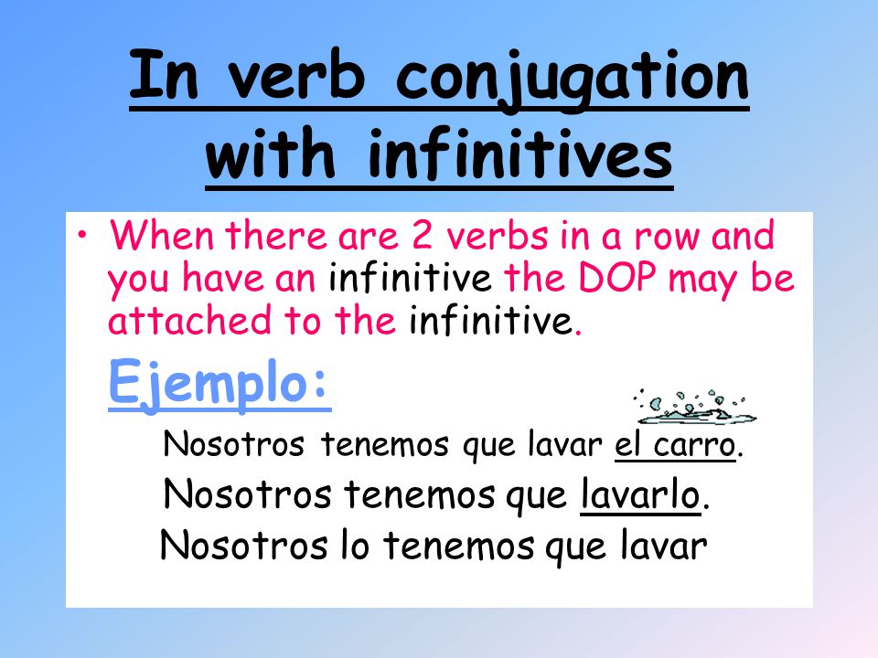 In verb conjugation with infinitives When there are 2 verbs in a row and you have an infinitive the DOP may be attached to the infinitive.