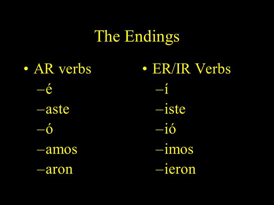 The Endings AR verbs –é–é –aste –ó–ó –amos –aron ER/IR Verbs –í–í –iste –ió–ió –imos –ieron