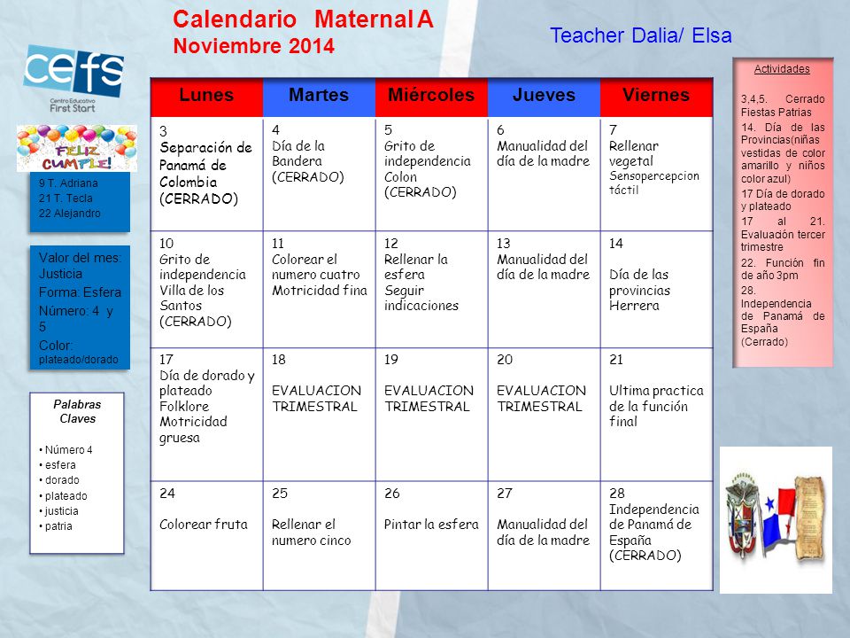 Calendario Maternal A Noviembre 2014 Teacher Dalia/ Elsa