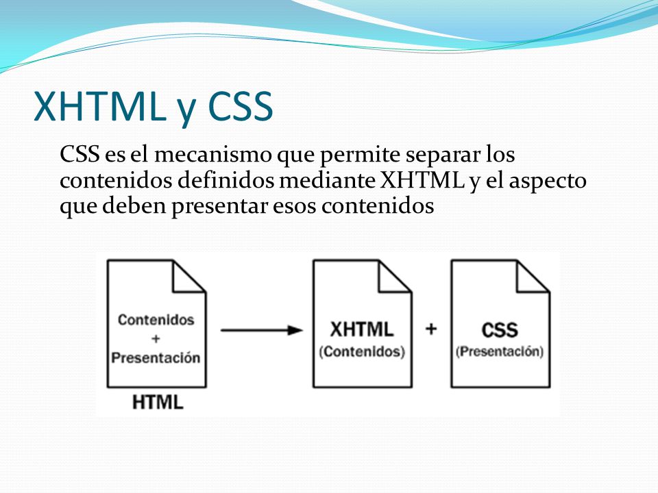 XHTML y CSS CSS es el mecanismo que permite separar los contenidos definidos mediante XHTML y el aspecto que deben presentar esos contenidos