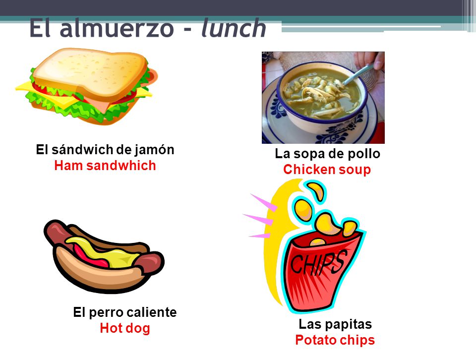 El almuerzo - lunch El sándwich de jamón Ham sandwhich La sopa de pollo Chicken soup El perro caliente Hot dog Las papitas Potato chips