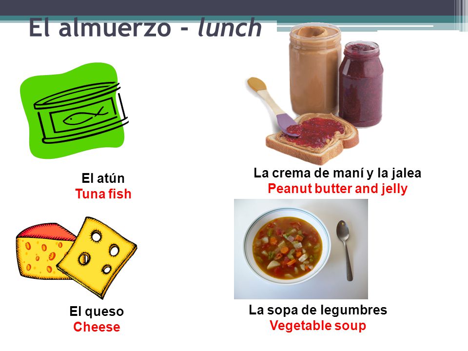 El almuerzo - lunch El atún Tuna fish La crema de maní y la jalea Peanut butter and jelly El queso Cheese La sopa de legumbres Vegetable soup