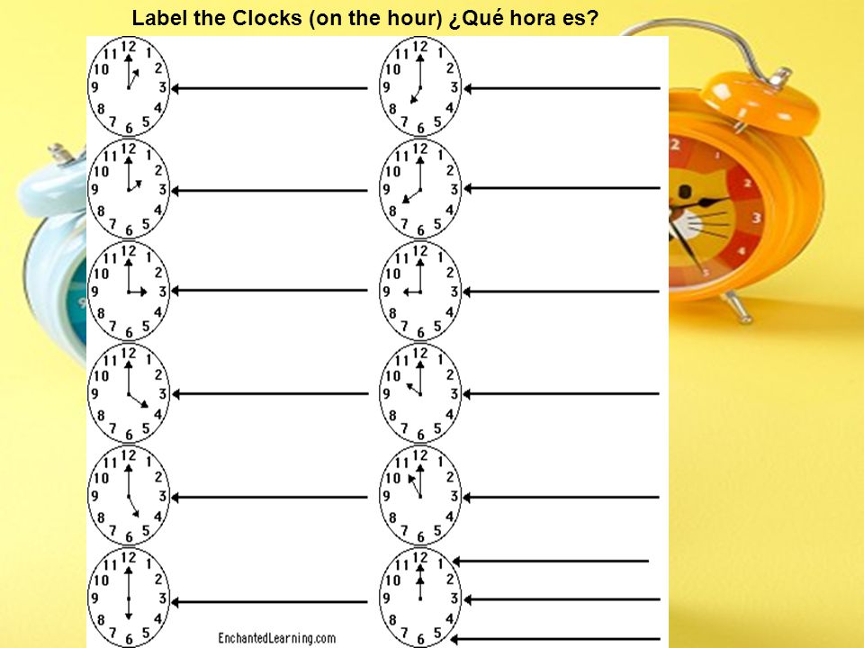 Label the Clocks (on the hour) ¿Qué hora es