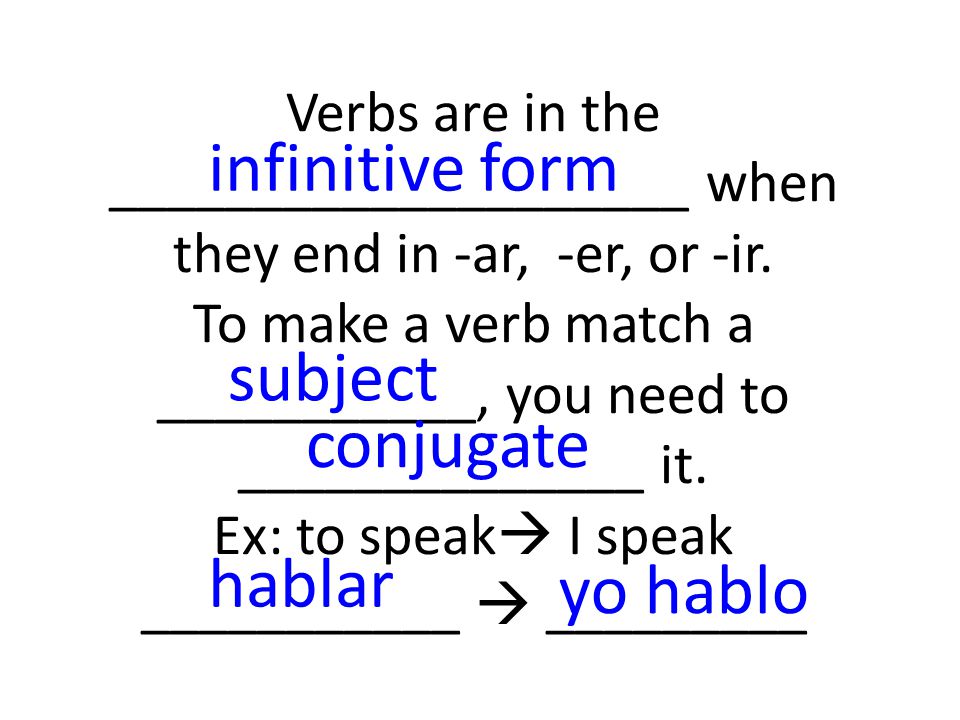 Verbs are in the ____________________ when they end in -ar, -er, or -ir.