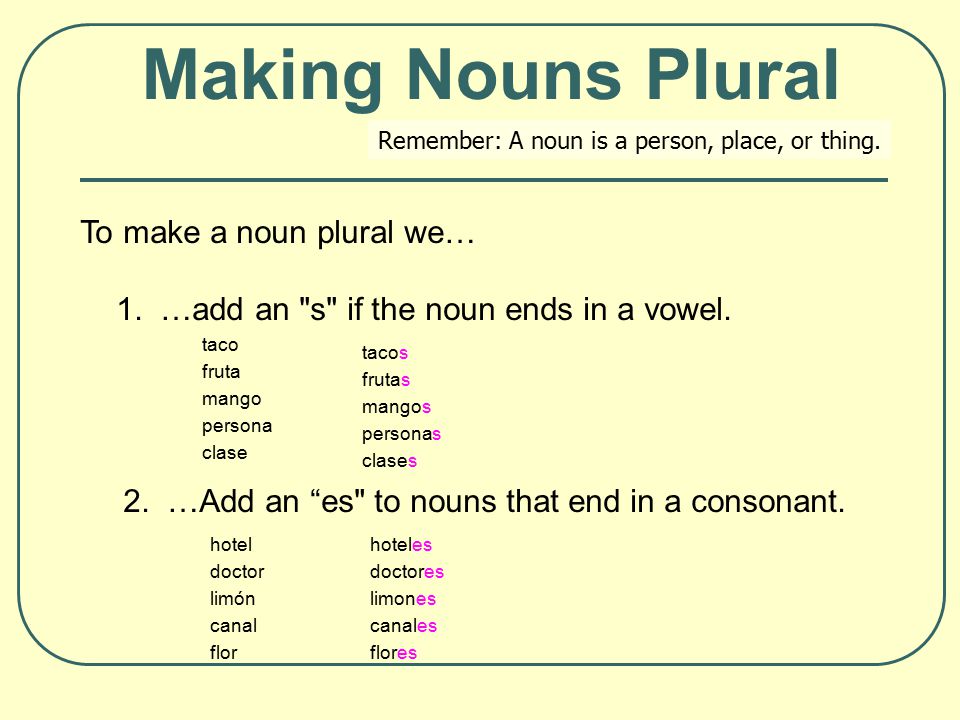 Making Nouns Plural To make a noun plural we… 1. …add an s if the noun ends in a vowel.