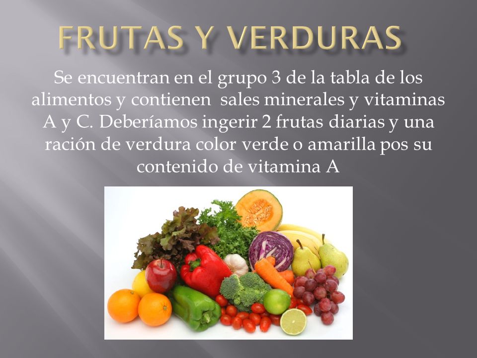 Se encuentran en el grupo 3 de la tabla de los alimentos y contienen sales minerales y vitaminas A y C.