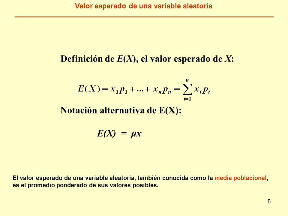 5 Definición de E(X), el valor esperado de X: Notación alternativa de E(X): E(X) = μx Valor esperado de una variable aleatoria El valor esperado de una variable aleatoria, también conocida como la media poblacional, es el promedio ponderado de sus valores posibles.