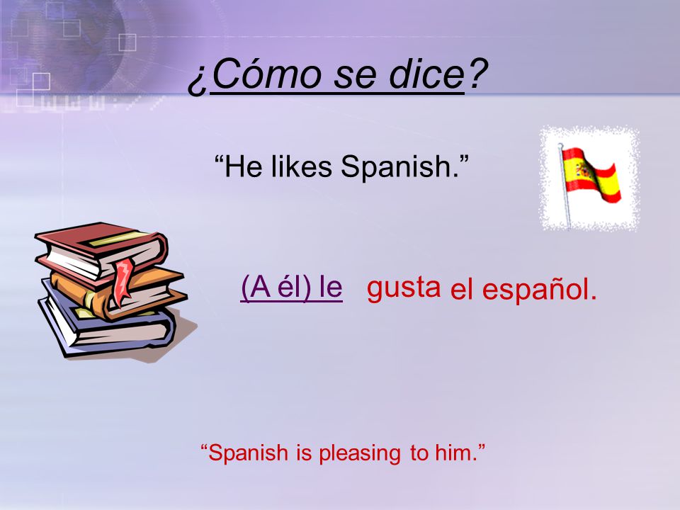 ¿Cómo se dice He likes Spanish. Spanish is pleasing to him. el español. gusta(A él) le