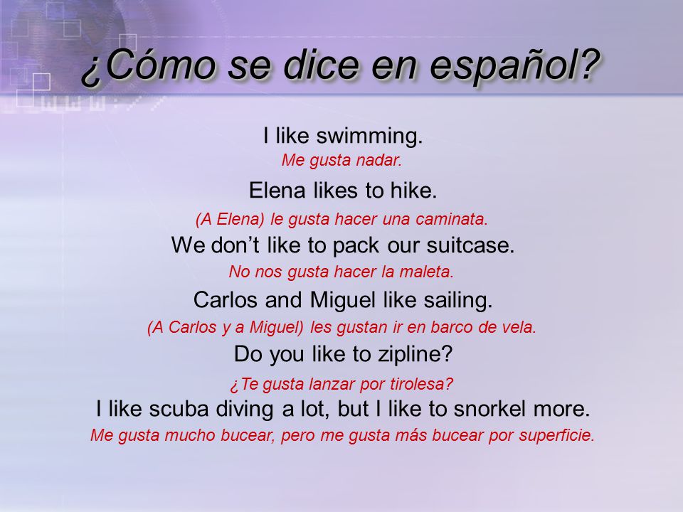 ¿Cómo se dice en español. I like swimming. Elena likes to hike.