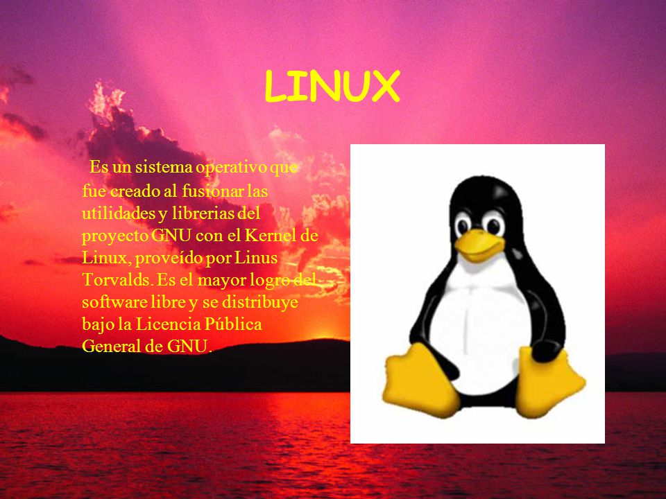 LINUX Es un sistema operativo que fue creado al fusionar las utilidades y librerias del proyecto GNU con el Kernel de Linux, proveído por Linus Torvalds.