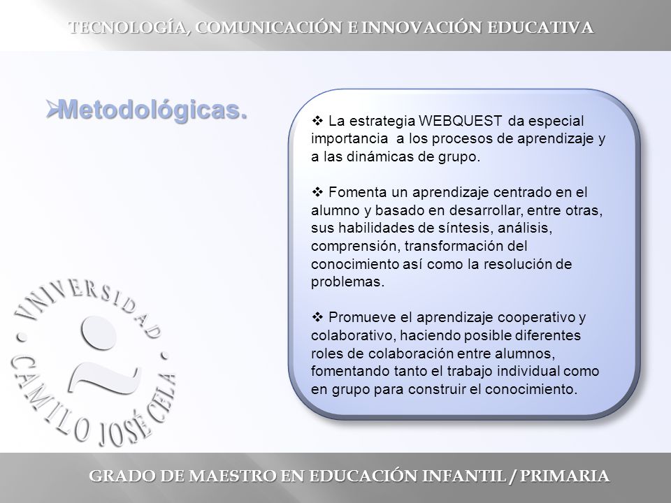 GRADO DE MAESTRO EN EDUCACIÓN INFANTIL / PRIMARIA TECNOLOGÍA, COMUNICACIÓN E INNOVACIÓN EDUCATIVA  Metodológicas.