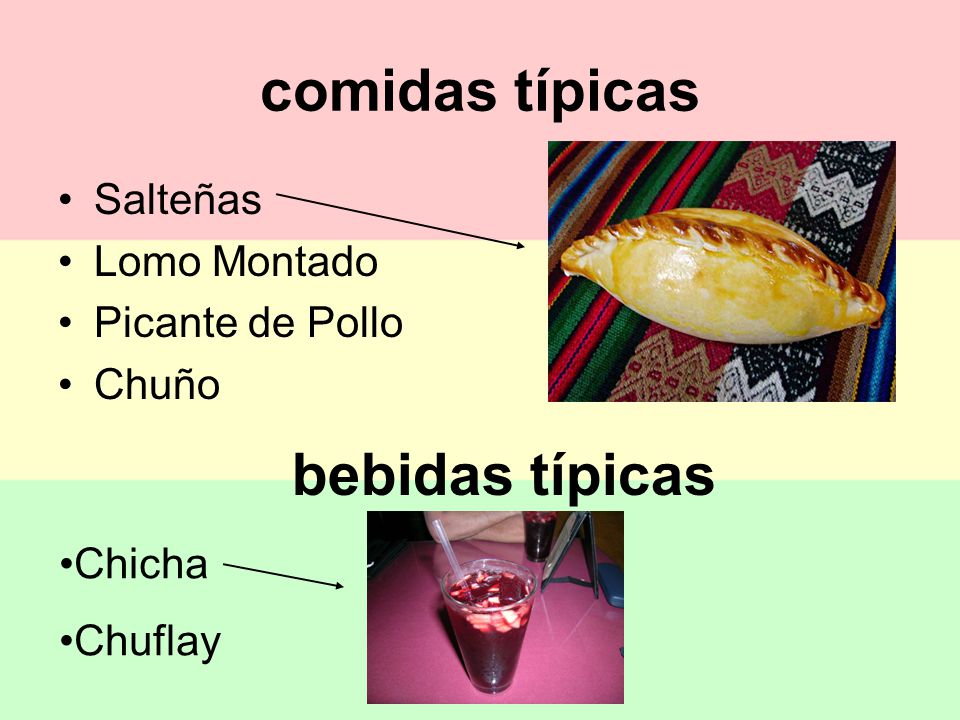 comidas típicas Salteñas Lomo Montado Picante de Pollo Chuño bebidas típicas Chicha Chuflay