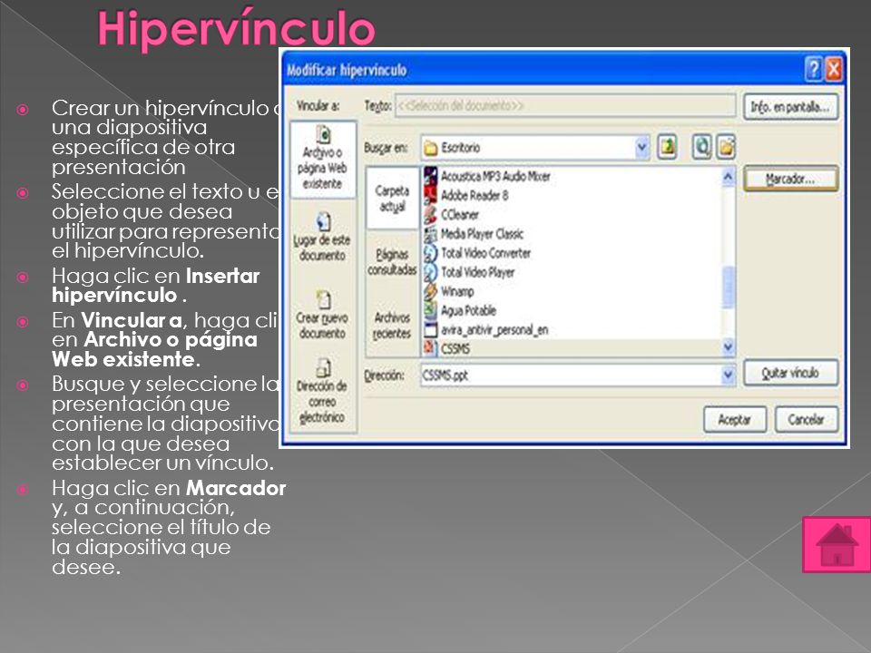  Crear un hipervínculo a una diapositiva específica de otra presentación  Seleccione el texto u el objeto que desea utilizar para representar el hipervínculo.
