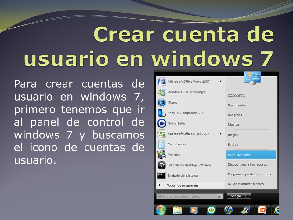 Para crear cuentas de usuario en windows 7, primero tenemos que ir al panel de control de windows 7 y buscamos el icono de cuentas de usuario.
