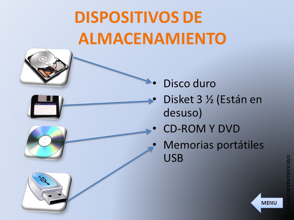 DISPOSITIVOS DE ALMACENAMIENTO Disco duro Disket 3 ½ (Están en desuso) CD-ROM Y DVD Memorias portátiles USB MENU m.fernanda moncayo