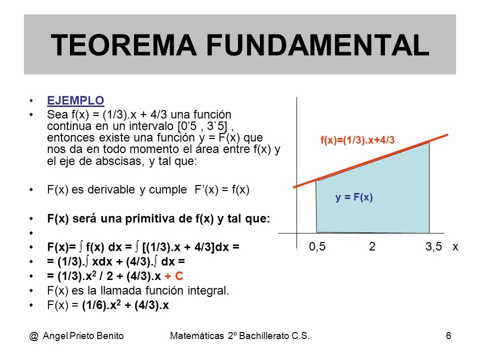 @ Angel Prieto BenitoMatemáticas 2º Bachillerato C.S.6 EJEMPLO Sea f(x) = (1/3).x + 4/3 una función continua en un intervalo [0’5, 3`5], entonces existe una función y = F(x) que nos da en todo momento el área entre f(x) y el eje de abscisas, y tal que: F(x) es derivable y cumple F’(x) = f(x) F(x) será una primitiva de f(x) y tal que: F(x)= ∫ f(x) dx = ∫ [(1/3).x + 4/3]dx = = (1/3).∫ xdx + (4/3).∫ dx = = (1/3).x 2 / 2 + (4/3).x + C F(x) es la llamada función integral.