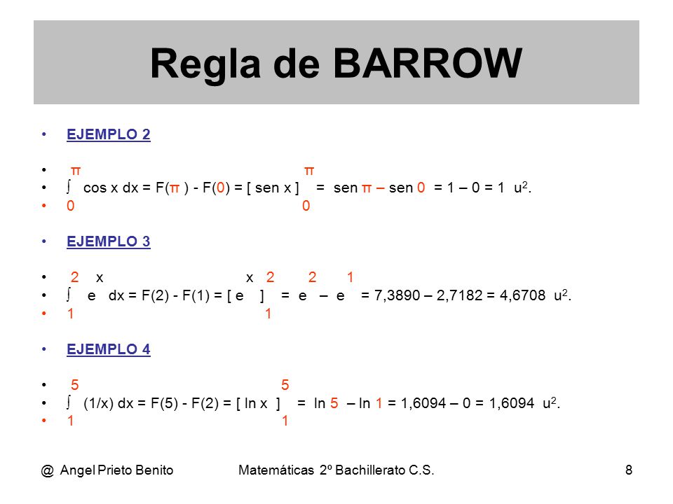@ Angel Prieto BenitoMatemáticas 2º Bachillerato C.S.8 EJEMPLO 2 π π ∫ cos x dx = F(π ) - F(0) = [ sen x ] = sen π – sen 0 = 1 – 0 = 1 u 2.