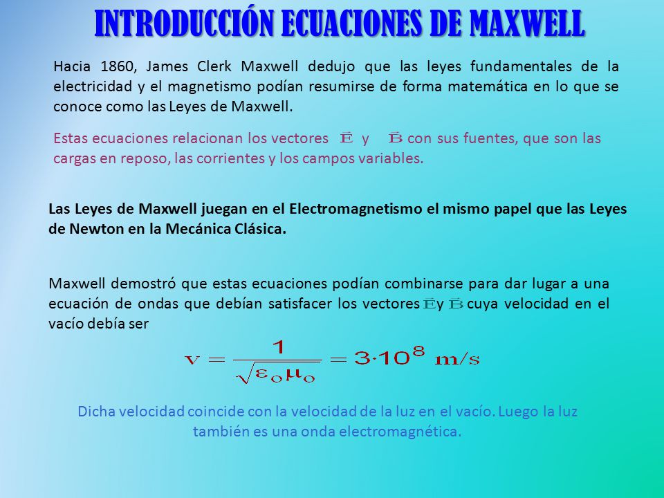 INTRODUCCIÓN ECUACIONES DE MAXWELL Hacia 1860, James Clerk Maxwell dedujo que las leyes fundamentales de la electricidad y el magnetismo podían resumirse de forma matemática en lo que se conoce como las Leyes de Maxwell.