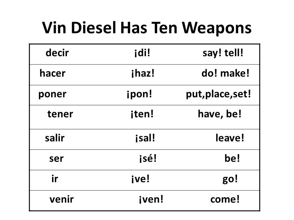 Vin Diesel Has Ten Weapons decir ¡di. say. tell.