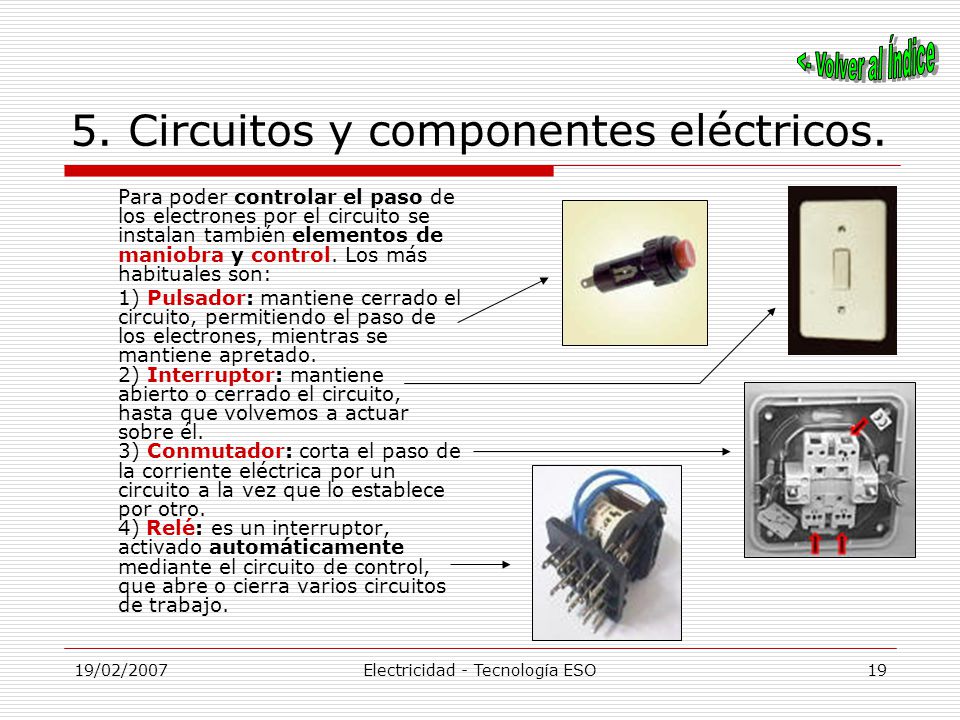 19/02/2007Electricidad - Tecnología ESO18 5. Circuitos y componentes eléctricos.