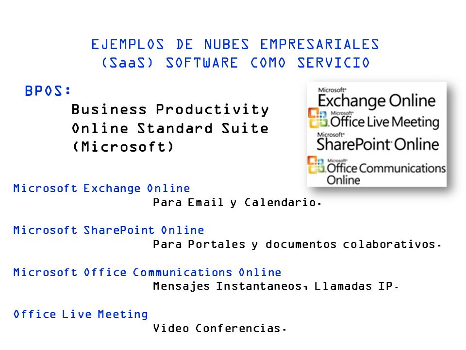 EJEMPLOS DE NUBES EMPRESARIALES (SaaS) SOFTWARE COMO SERVICIO BPOS: Business Productivity Online Standard Suite (Microsoft) Microsoft Exchange Online Para  y Calendario.