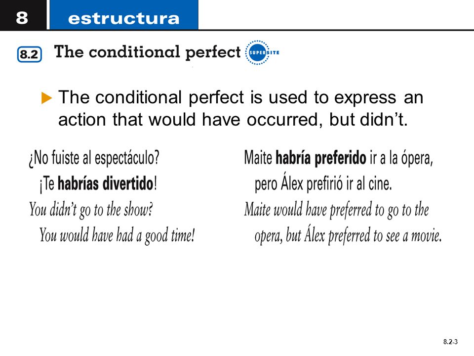 8.2-3  The conditional perfect is used to express an action that would have occurred, but didn’t.
